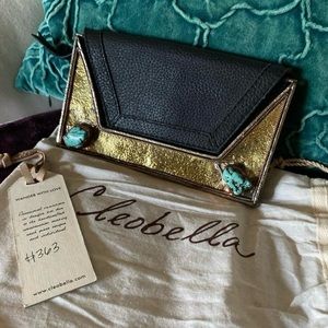 VERY RARE ✨ Gorgeous Cleobella Leather Clutch with Metal/Brass & Turquoise